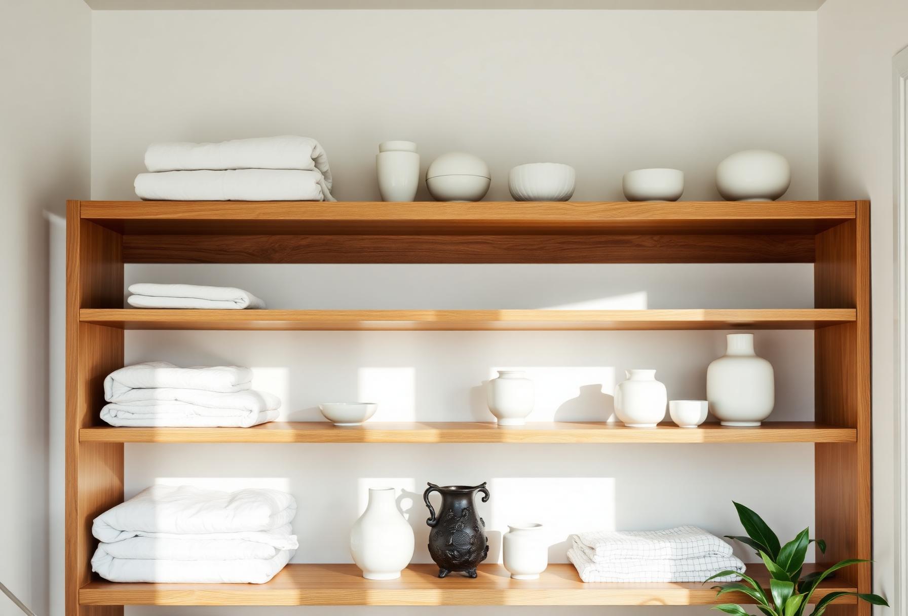 Calm, organized home with warm light and oak shelving